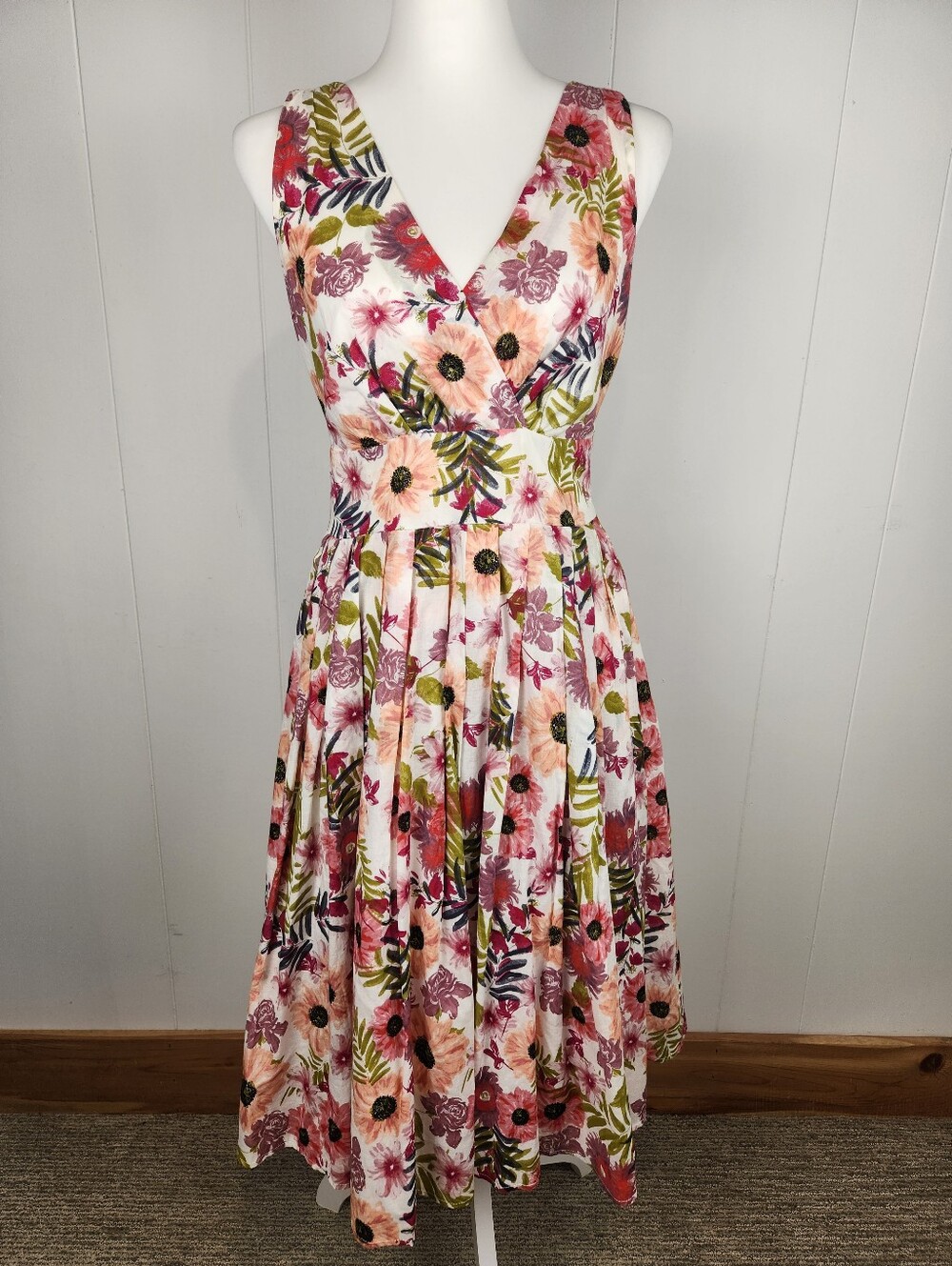Aryeh Pleated Midi Dress Womens Medium Pink Floral V-Neck Cotton Garden Romantic